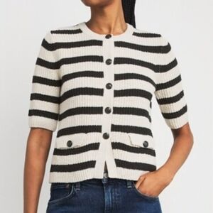 ME+EM Cotton Blend Boucle Stripe Cardigan Sweater Black White XS